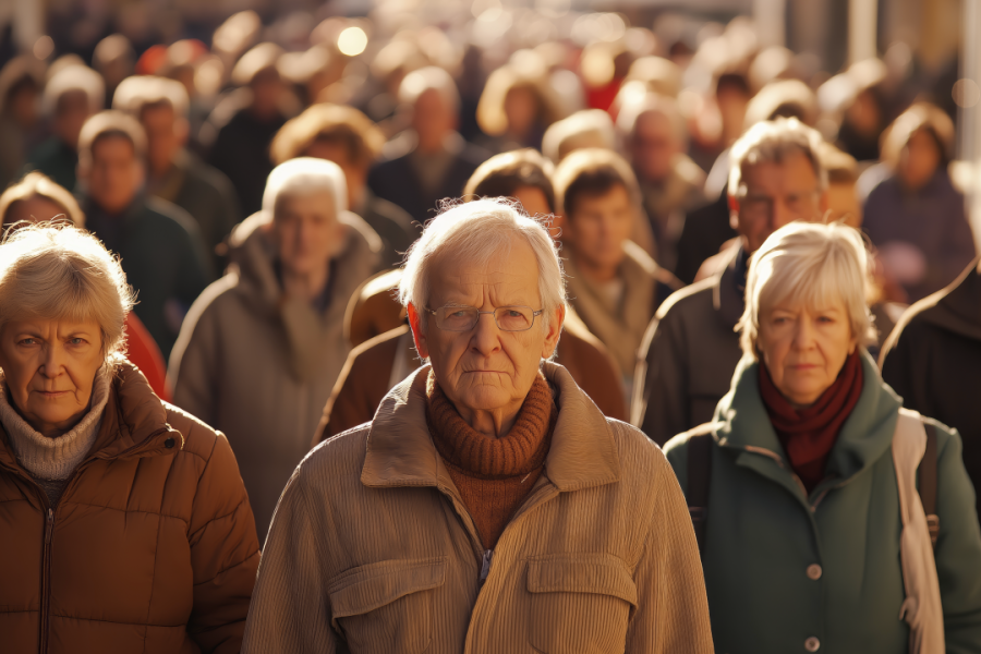 Picture of hundreds of elder folks looking unhappy