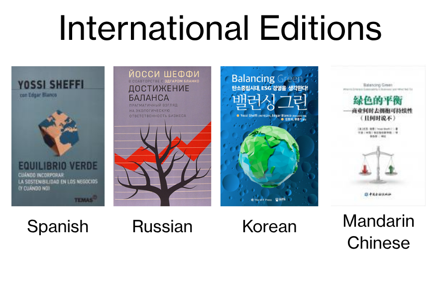 Picture of four book covers for Balancing Green in Spanish Russian Korean and Mandarin Chinese
